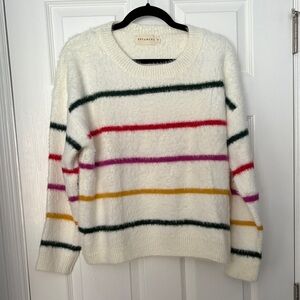 Dreamers Fuzzy Women's Sweater - White with Red, Green, Purple, Yellow Stripes